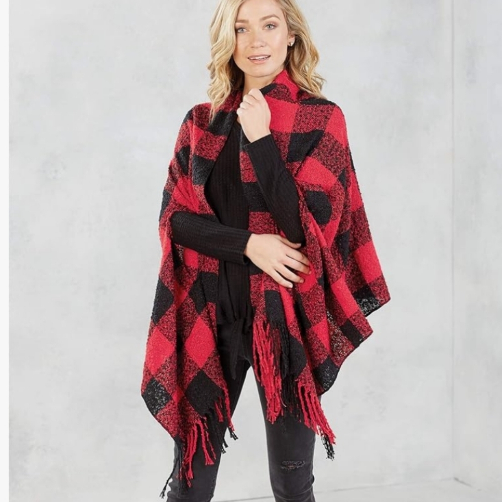 Buffalo Check Plaid Scarf Black & Red Plaid Scarf Poncho Wrap w/ Fringe One Size